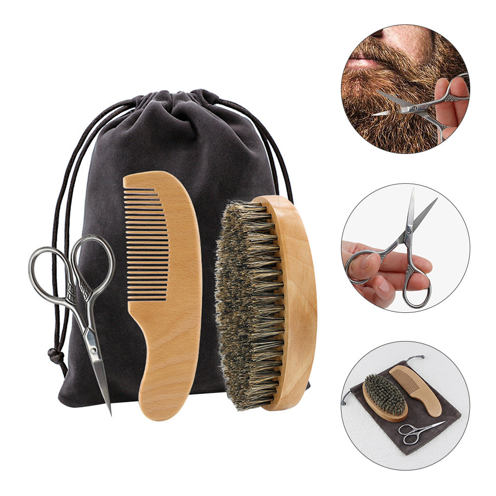 Men'S Grooming Bag - 男性用髭スタイリングセット1セット、プレミアム髭ブラシ、櫛、ハサミ、布製バッグ入り、携帯用グルーミングキット、肌に優しい、日常使いに最適