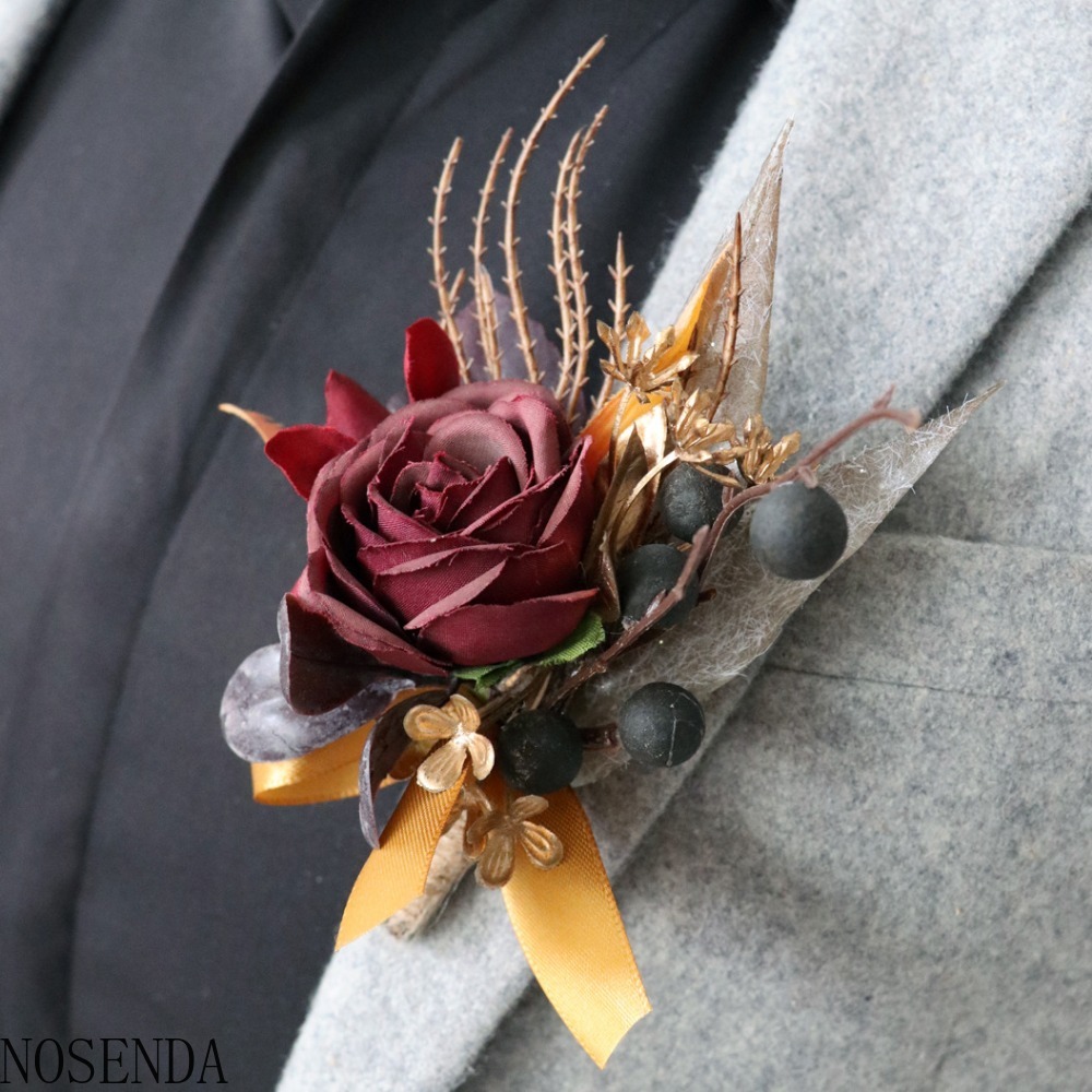 ブルゴーニュシルクローズ造花男性新郎ブートニア花嫁介添人手首 - Men'S Grooming For Marriage のレビューと価格