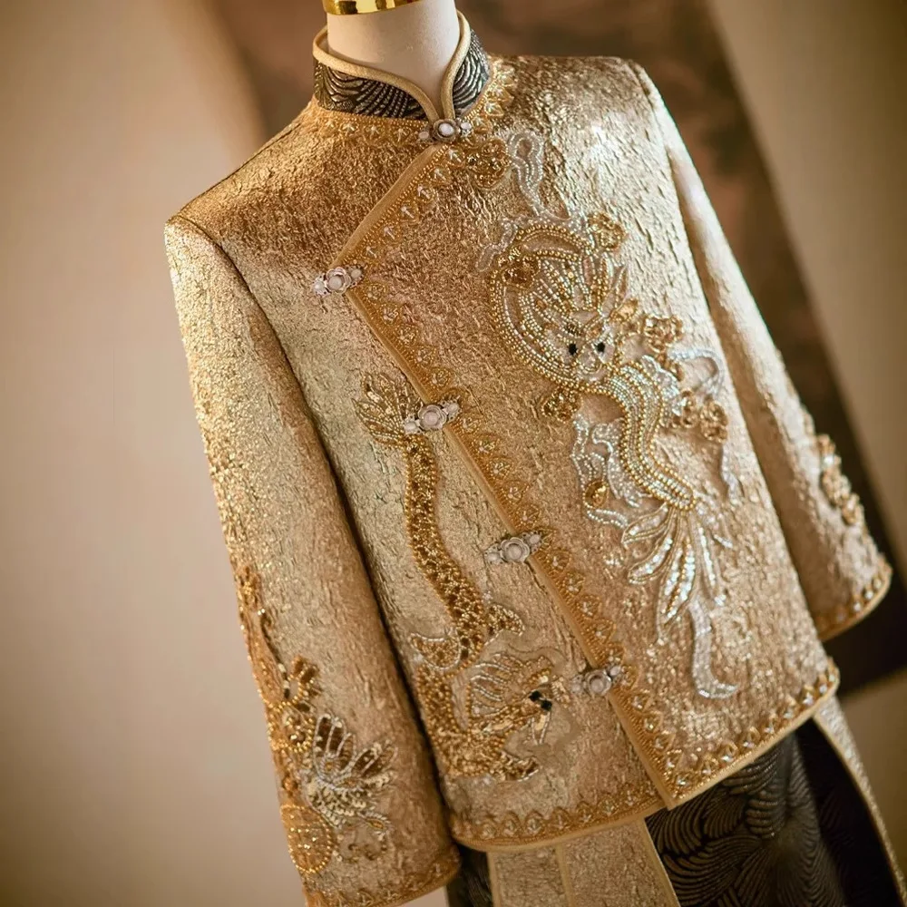 中国風の結婚式新郎衣装高級 2 個唐服結婚スーツ花嫁乾杯服ス - Men'S Grooming For Marriage のレビューと価格