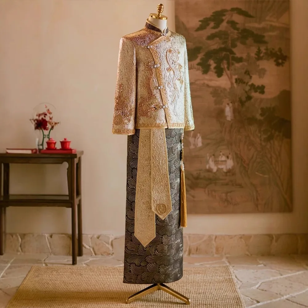 中国風の結婚式新郎衣装高級 2 個唐服結婚スーツ花嫁乾杯服ス - Men'S Grooming For Marriage のレビューと価格
