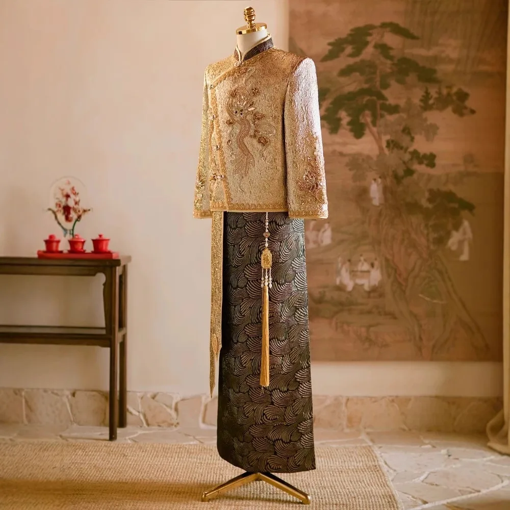 中国風の結婚式新郎衣装高級 2 個唐服結婚スーツ花嫁乾杯服ス - Men'S Grooming For Marriage のレビューと価格